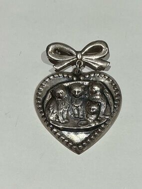 Vintage Silver Puffy Heart Pendant with Bow and Three Cats